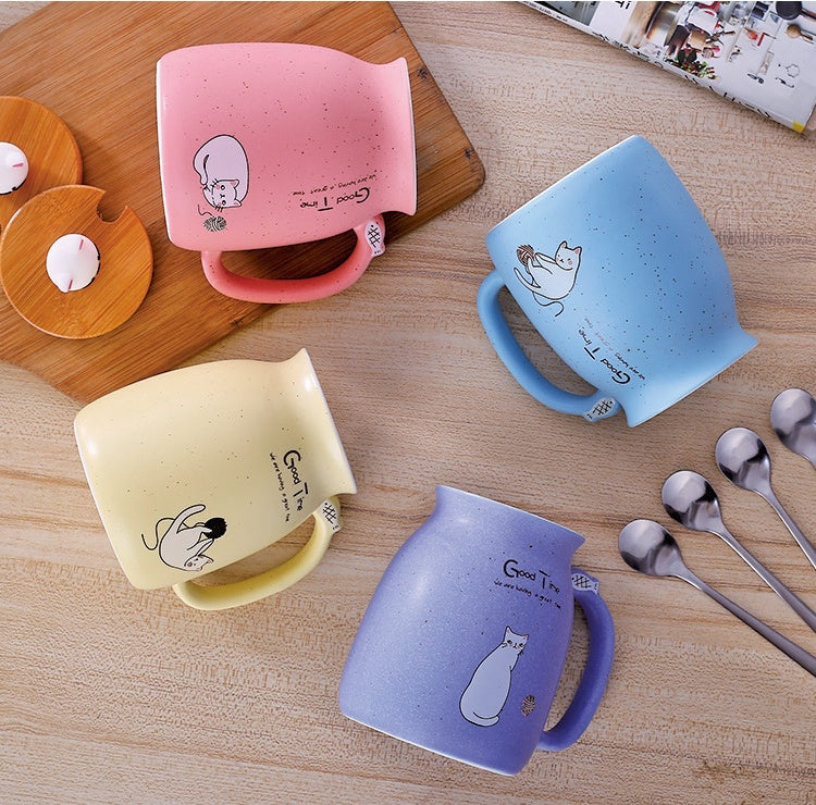 Tasse en céramique motif chat 450 ml avec couvercle et cuillère, idéale pour le café, le lait, le thé, le petit-déjeuner, les boissons, les cadeaux fantaisie