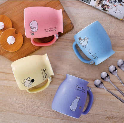Tasse en céramique motif chat 450 ml avec couvercle et cuillère, idéale pour le café, le lait, le thé, le petit-déjeuner, les boissons, les cadeaux fantaisie