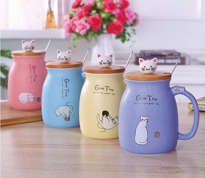 Tasse en céramique motif chat 450 ml avec couvercle et cuillère, idéale pour le café, le lait, le thé, le petit-déjeuner, les boissons, les cadeaux fantaisie