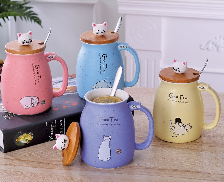 Tasse en céramique motif chat 450 ml avec couvercle et cuillère, idéale pour le café, le lait, le thé, le petit-déjeuner, les boissons, les cadeaux fantaisie