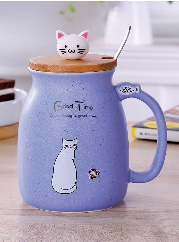 Tasse en céramique motif chat 450 ml avec couvercle et cuillère, idéale pour le café, le lait, le thé, le petit-déjeuner, les boissons, les cadeaux fantaisie