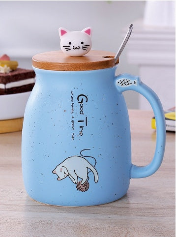 Tasse en céramique motif chat 450 ml avec couvercle et cuillère, idéale pour le café, le lait, le thé, le petit-déjeuner, les boissons, les cadeaux fantaisie