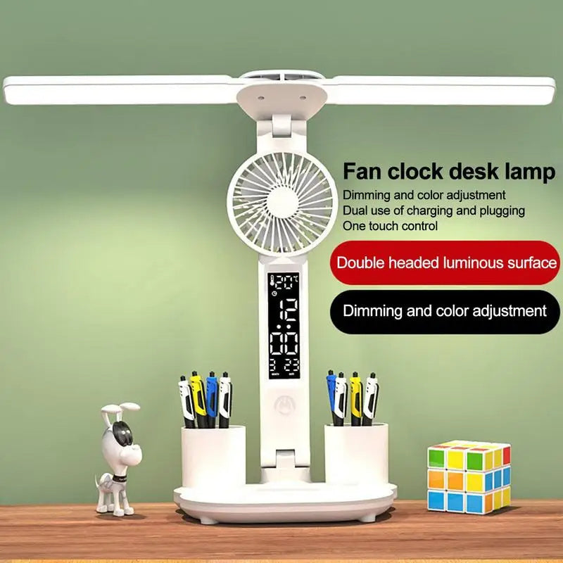 Lampe de table LED pliable, protection des yeux, multifonction, avec thermomètre, calendrier, ventilateur, porte-stylo, pour étude, lecture