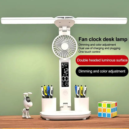 Lampe de table LED pliable, protection des yeux, multifonction, avec thermomètre, calendrier, ventilateur, porte-stylo, pour étude, lecture