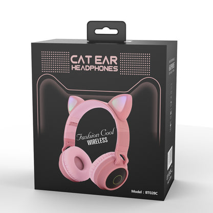 Casque audio sans fil Bluetooth 5.0 avec lumière LED et oreilles de chat, casque portable et pliable  , avec microphone, idéal comme cadeau