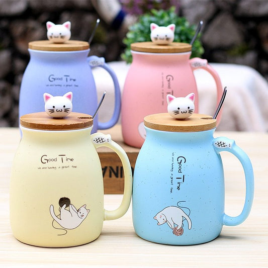 Tasse en céramique motif chat 450 ml avec couvercle et cuillère, idéale pour le café, le lait, le thé, le petit-déjeuner, les boissons, les cadeaux fantaisie