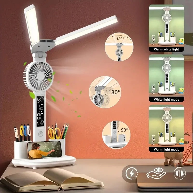 Lampe de table LED pliable, protection des yeux, multifonction, avec thermomètre, calendrier, ventilateur, porte-stylo, pour étude, lecture