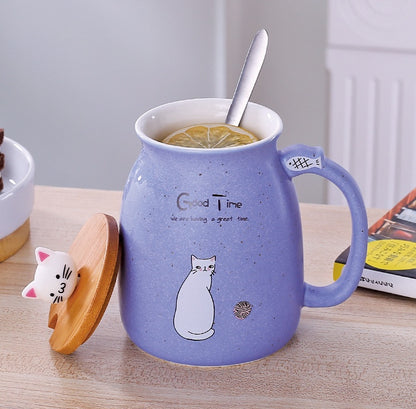 Tasse en céramique motif chat 450 ml avec couvercle et cuillère, idéale pour le café, le lait, le thé, le petit-déjeuner, les boissons, les cadeaux fantaisie
