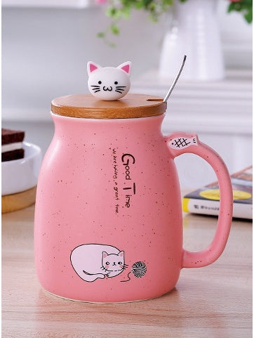 Tasse en céramique motif chat 450 ml avec couvercle et cuillère, idéale pour le café, le lait, le thé, le petit-déjeuner, les boissons, les cadeaux fantaisie