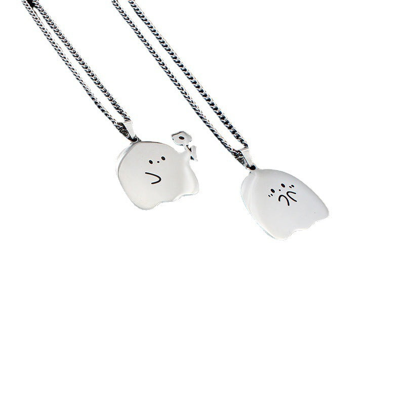 Collier en acier inoxydable avec pendentif en forme de chat et de fantôme mignon pour couple, bijou d'amitié, idéal pour les amoureux