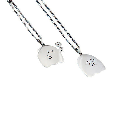 Collier en acier inoxydable avec pendentif en forme de chat et de fantôme mignon pour couple, bijou d'amitié, idéal pour les amoureux